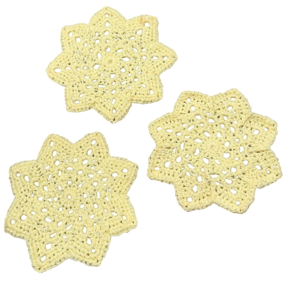 Vintage Crochet Doilies Star Coasters Set of 3 Yellow 5.25in Cotton